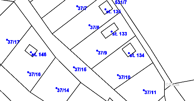 Parcela st. 37/9 v KÚ Divice, Katastrální mapa