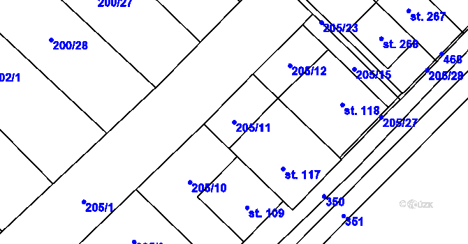Parcela st. 205/11 v KÚ Vinary u Přerova, Katastrální mapa