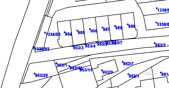 Parcela st. 953/4 v KÚ Vinoř, Katastrální mapa
