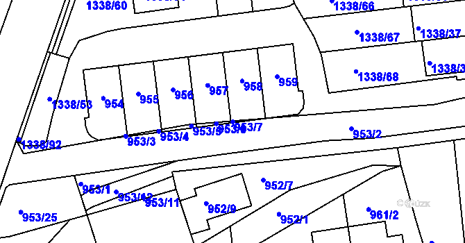 Parcela st. 953/7 v KÚ Vinoř, Katastrální mapa