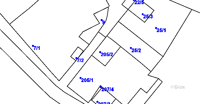 Parcela st. 205/2 v KÚ Vinoř, Katastrální mapa