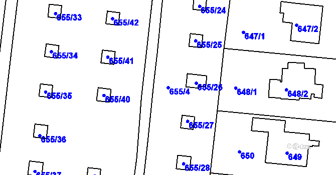 Parcela st. 655/4 v KÚ Vinoř, Katastrální mapa