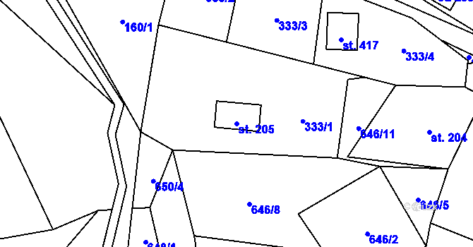 Parcela st. 205 v KÚ Vír, Katastrální mapa