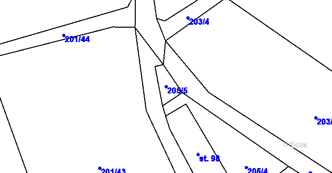 Parcela st. 205/5 v KÚ Předlánce, Katastrální mapa
