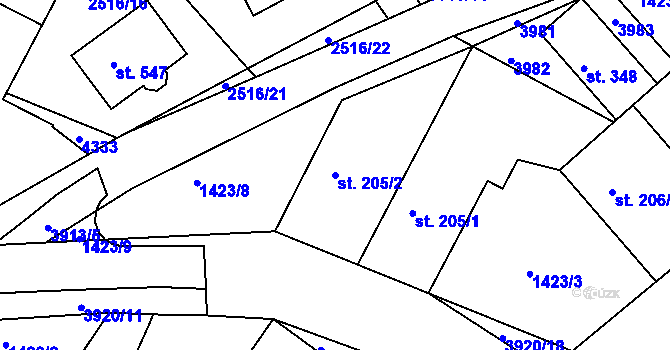 Parcela st. 205/2 v KÚ Višňové, Katastrální mapa
