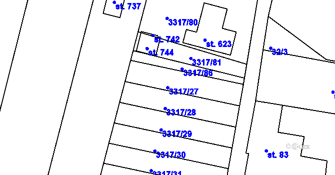 Parcela st. 3317/27 v KÚ Višňové, Katastrální mapa