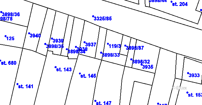 Parcela st. 3898/33 v KÚ Višňové, Katastrální mapa