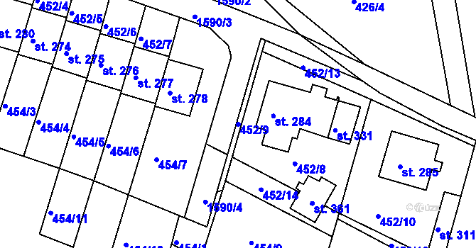 Parcela st. 452/9 v KÚ Vítějeves, Katastrální mapa