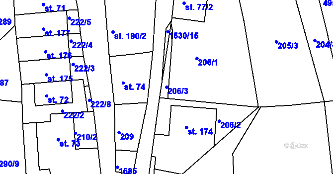 Parcela st. 206/3 v KÚ Vítějeves, Katastrální mapa