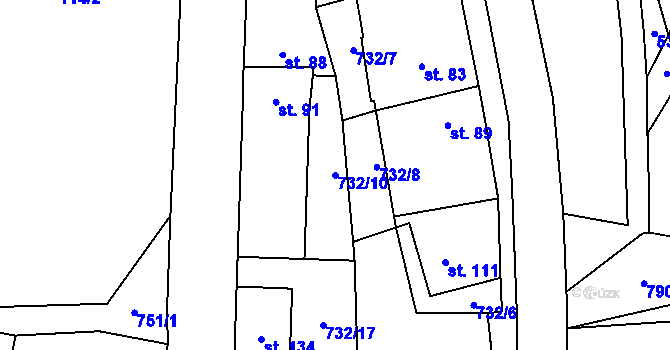 Parcela st. 732/10 v KÚ Kšely, Katastrální mapa