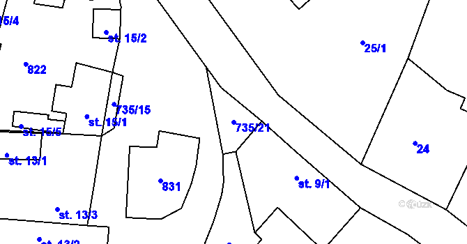 Parcela st. 735/21 v KÚ Kšely, Katastrální mapa