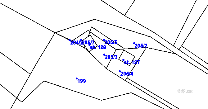 Parcela st. 205/3 v KÚ Vřesník, Katastrální mapa