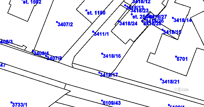 Parcela st. 3418/16 v KÚ Vizovice, Katastrální mapa