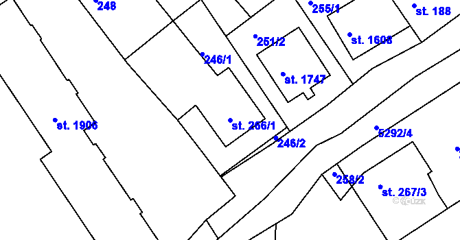 Parcela st. 266/1 v KÚ Vizovice, Katastrální mapa