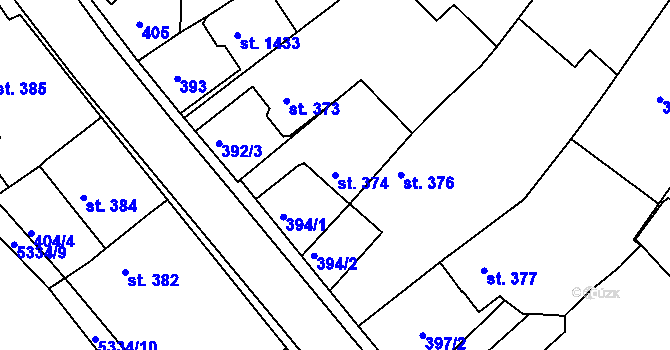 Parcela st. 374 v KÚ Vizovice, Katastrální mapa