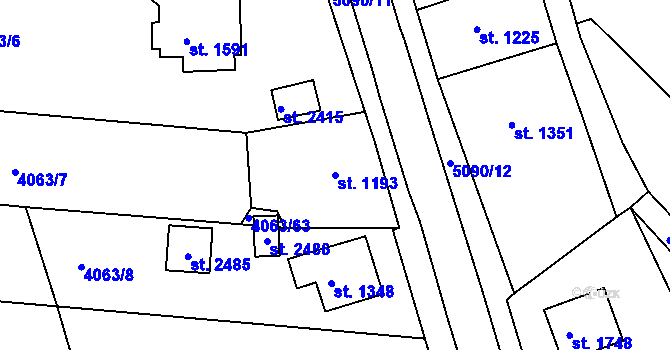 Parcela st. 1193 v KÚ Vizovice, Katastrální mapa