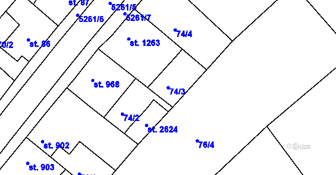 Parcela st. 74/3 v KÚ Vizovice, Katastrální mapa