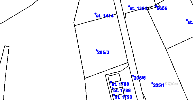 Parcela st. 205/3 v KÚ Vizovice, Katastrální mapa