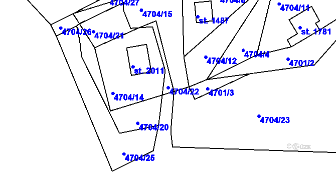 Parcela st. 4704/22 v KÚ Vizovice, Katastrální mapa