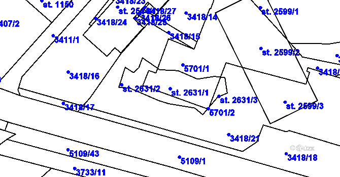 Parcela st. 2631/1 v KÚ Vizovice, Katastrální mapa