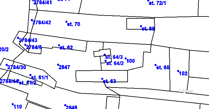 Parcela st. 64/3 v KÚ Vrbětice, Katastrální mapa