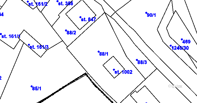 Parcela st. 88/1 v KÚ Vlachovo Březí, Katastrální mapa