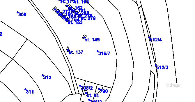 Parcela st. 316/7 v KÚ Kounice nad Sázavou, Katastrální mapa