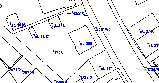Parcela st. 390 v KÚ Vlašim, Katastrální mapa