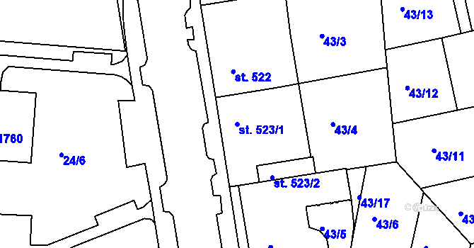 Parcela st. 523/1 v KÚ Vlašim, Katastrální mapa
