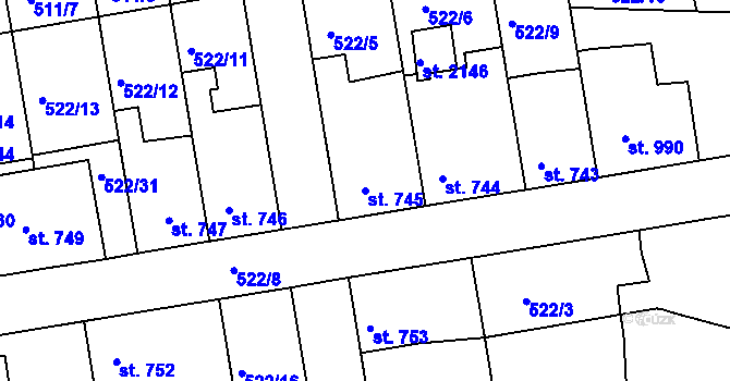 Parcela st. 745 v KÚ Vlašim, Katastrální mapa