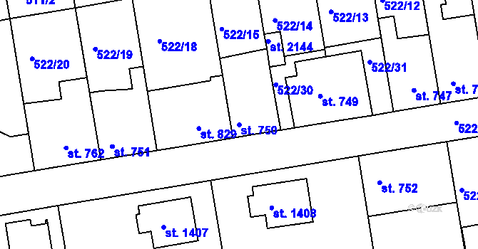 Parcela st. 750 v KÚ Vlašim, Katastrální mapa