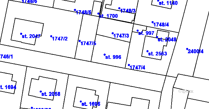 Parcela st. 996 v KÚ Vlašim, Katastrální mapa