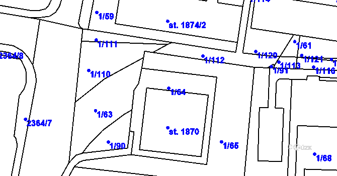 Parcela st. 1/64 v KÚ Vlašim, Katastrální mapa