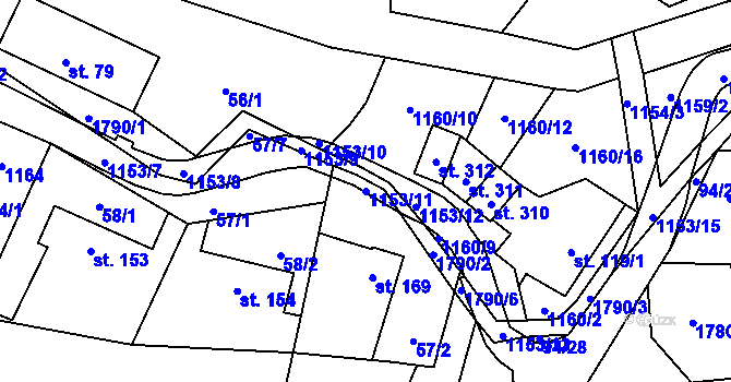 Parcela st. 1153/11 v KÚ Vlčková, Katastrální mapa