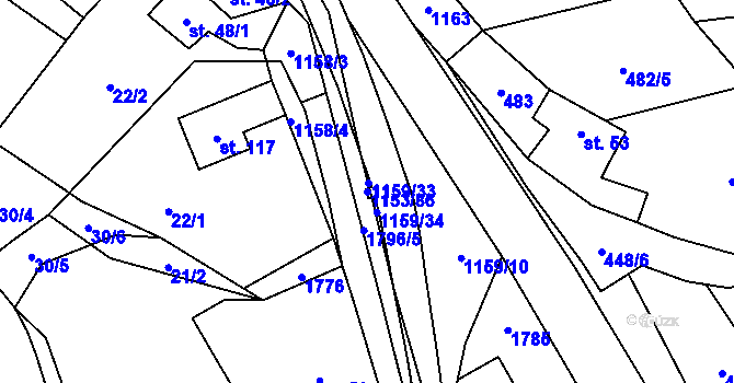 Parcela st. 1153/86 v KÚ Vlčková, Katastrální mapa