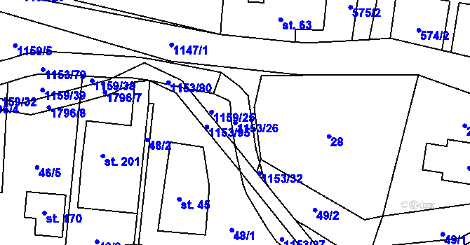 Parcela st. 1153/26 v KÚ Vlčková, Katastrální mapa