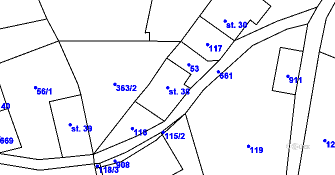 Parcela st. 38 v KÚ Vlčkovice u Mladkova, Katastrální mapa