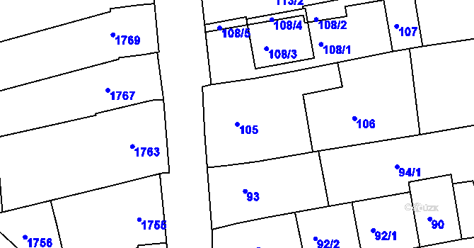 Parcela st. 105 v KÚ Vlčnov, Katastrální mapa