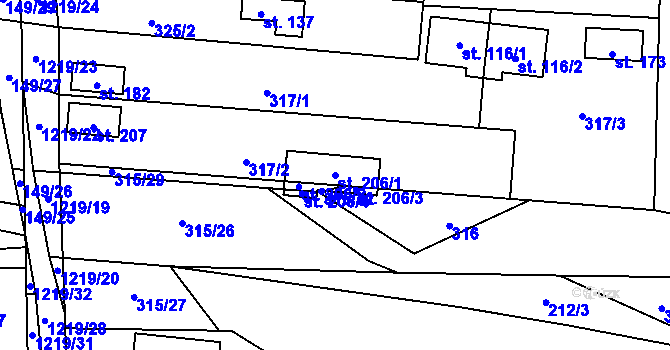 Parcela st. 206/1 v KÚ Vlkov nad Lužnicí, Katastrální mapa