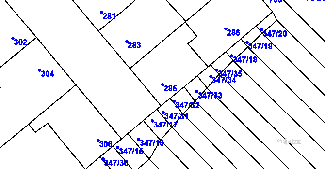 Parcela st. 285 v KÚ Lidéřovice na Moravě, Katastrální mapa