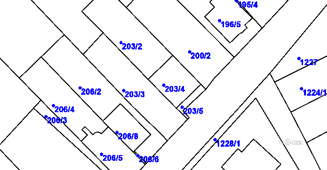 Parcela st. 203/4 v KÚ Vnorovy, Katastrální mapa