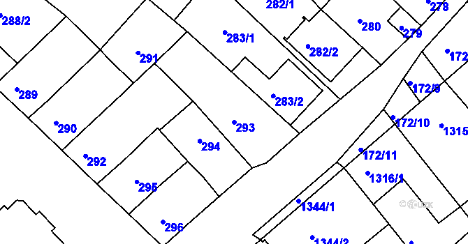 Parcela st. 293 v KÚ Vnorovy, Katastrální mapa