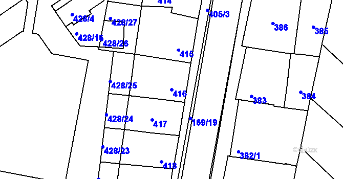 Parcela st. 416 v KÚ Vnorovy, Katastrální mapa
