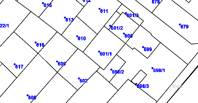 Parcela st. 601/1 v KÚ Vnorovy, Katastrální mapa