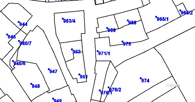 Parcela st. 971/1 v KÚ Vnorovy, Katastrální mapa