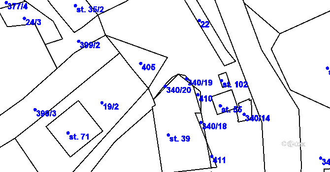 Parcela st. 340/20 v KÚ Uhřínovice u Voděrad, Katastrální mapa