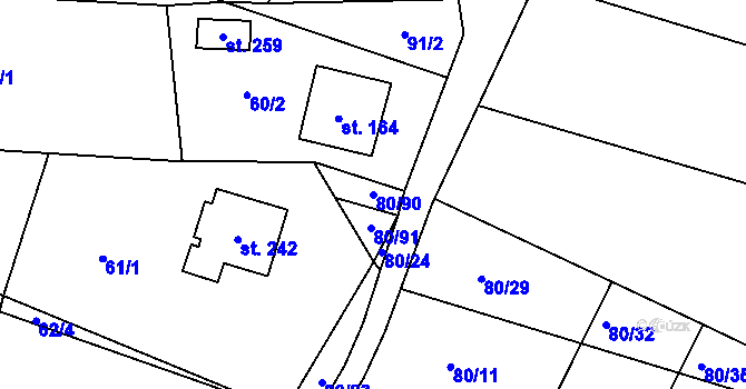 Parcela st. 80/90 v KÚ Voděrady u Kunštátu, Katastrální mapa