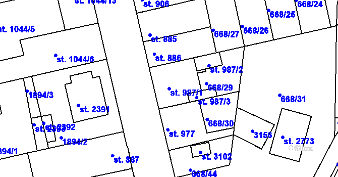 Parcela st. 987/1 v KÚ Vodňany, Katastrální mapa