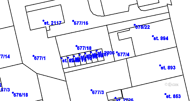 Parcela st. 2206 v KÚ Vodňany, Katastrální mapa