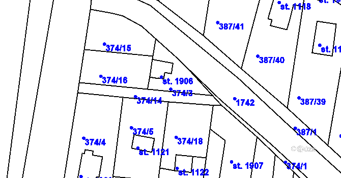 Parcela st. 374/3 v KÚ Vodňany, Katastrální mapa